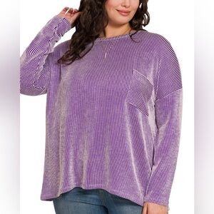 Zenana NWOT Purple and White Striped Top